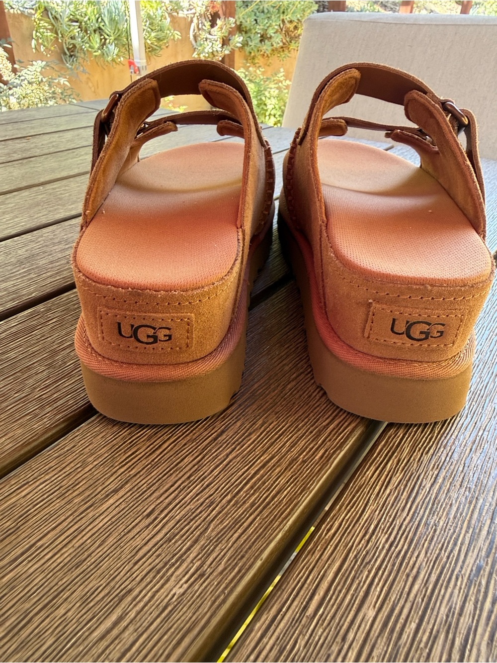 UGG Chestnut Suede Double-Strap Platform Slides - Picture 2 of 7